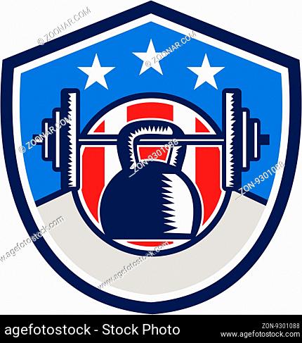 Illustration of a kettlebell hanging on a barbell set inside shield crest with stars and stripes usa flag in the background done in retro style