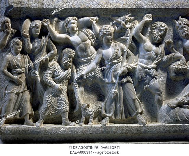 Dionysian procession, detail of a marble sarcophagus with relief depicting the Life of Ariadne auf Naxos, artefact uncovered in Alexandria, Egypt