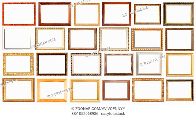 set of vintage wide wooden picture frames with cut out canvas isolated on white background