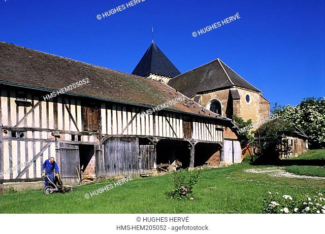 France, Aube, Mesnil Saint Pere, half-timbering barn and Mesnil Saint Pere Church