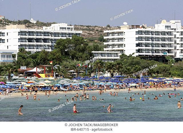 Tourist hotels, tourists on the beach at Ayia Napa, Cyprus, Europe