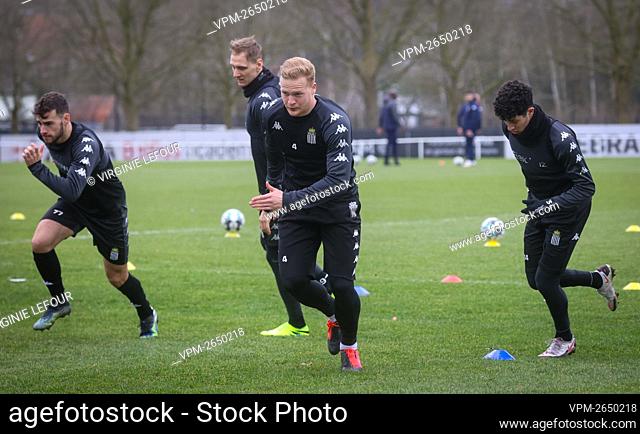 Charleroi's Massimo Bruno, Charleroi's Jules Van Cleemput and Charleroi's Amine Benchaib pictured during a training session of Belgian soccer team Sporting...