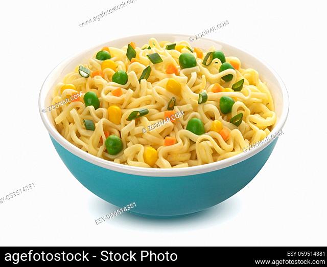 Instant noodles in bowl isolated on white background with clipping path