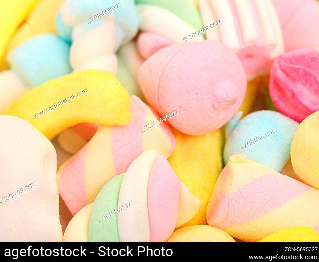 Different colorful marshmallow. Close up. Whole background