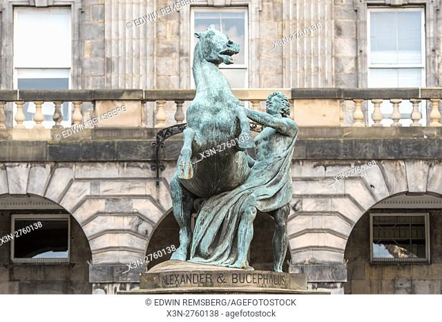 UK, Scotland, Edinburgh - Statue of Alexander & Bucephalus outside of St. Giles' Cathedral, also known as the High Kirk of Edinburgh
