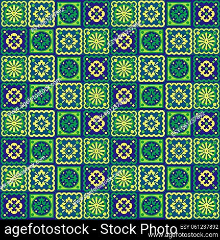 Graphic design containing a pattern of assorted tiles similar to portuguese azulejo murals, mostly in green tones