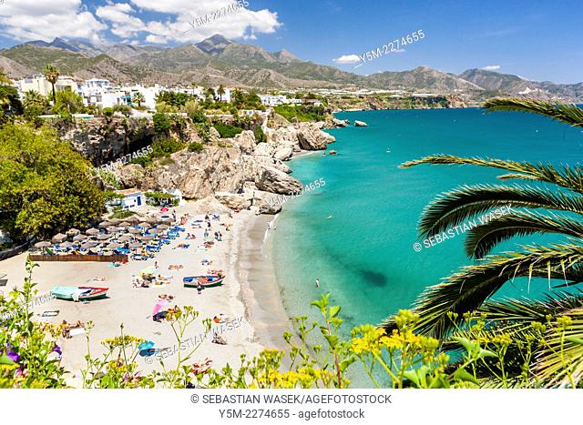 View of Playa Calahonda from the Balcon de Europa (Balcony of Europe), Nerja, Costa del Sol, Malaga province, Andalusia, Spain, Europe
