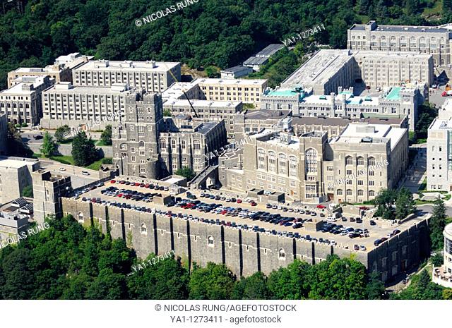 Aerial view of United States Military Academy buildings of West Point, New York state, Usa