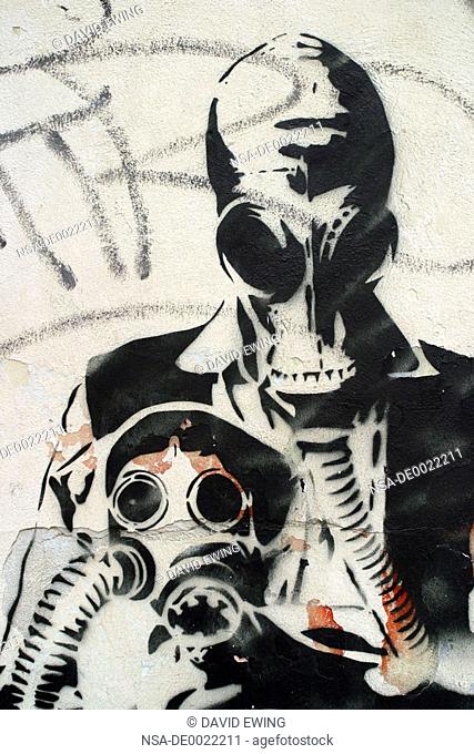 Mother and Child in Gasmask, Stencil Graffiti Art