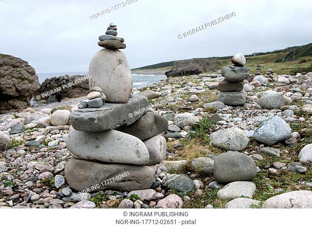 Inukshuk at the coast, Portland Creek, Gros Morne National Park, Newfoundland And Labrador, Canada