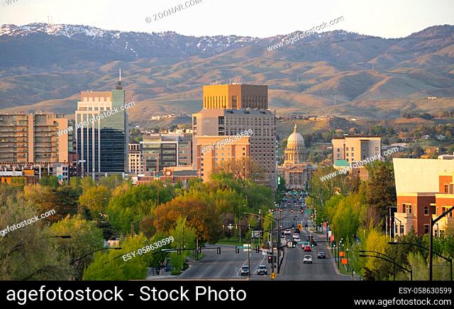 Downtown city center of Boise Idaho framed by Schafer Butte