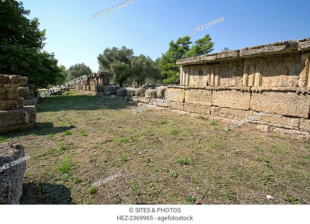 The south stoa at Olympia, Greece.Olympia, a sanctuary of ancient Greece, is probably best known for having been the site of the Olympic Games in classical...
