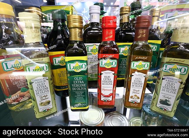 RUSSIA, MOSCOW - FEBRUARY 6, 2023: Bottles of olive oil are pictured at Prodexpo 2023, the 30th international exhibition for food