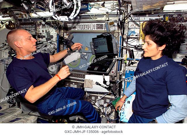 Astronaut Clayton Anderson, Expedition 15 flight engineer, uses a computer near the Microgravity Science Glovebox (MSG) in the Destiny laboratory of the...