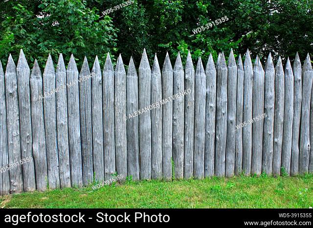 historical protecting fence from wooden logs on the green grass