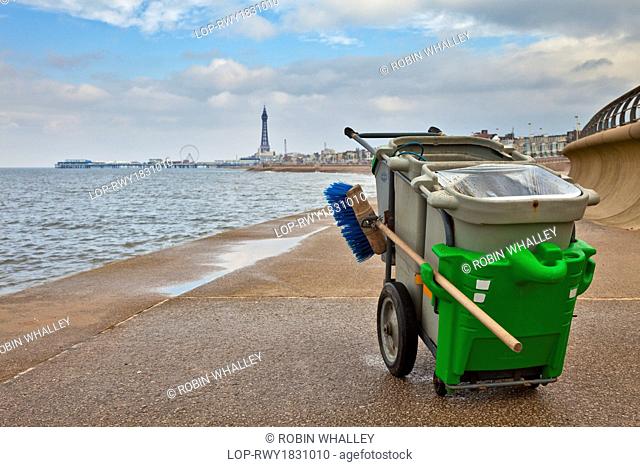 England, Lancashire, Blackpool. Waste collection trolly on the seafront at Blackpool