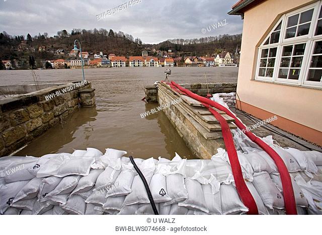 sandbags as protection against flood waters of river Elbe, Germany, Saxony, Wehlen