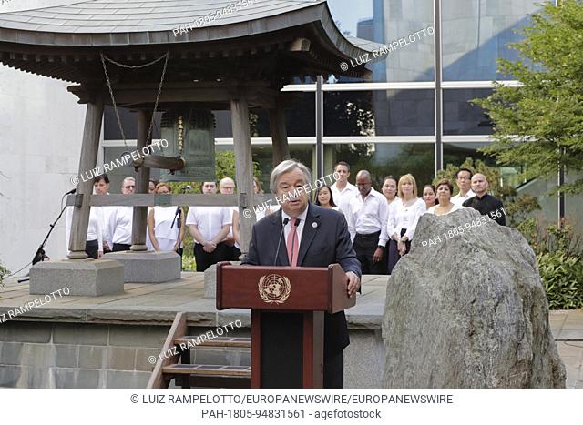 United Nations, New York, USA, September 15 2017 -Secretary-General Antonio Guterres during the annual Peace Bell Ceremony held at UN headquarters in observance...