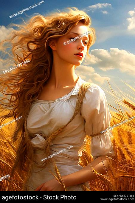 She stands in the field, her white dress blowing in the wind. Her blonde hair is braided and blowing in the wind. She looks like a golden warrior