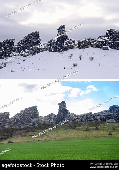 10 January 2023, Saxony-Anhalt, Weddersleben: KOMBO - Photos show the Teufelsmauer in winter 2021 (above, February 11, 2021) in snow and on January 10