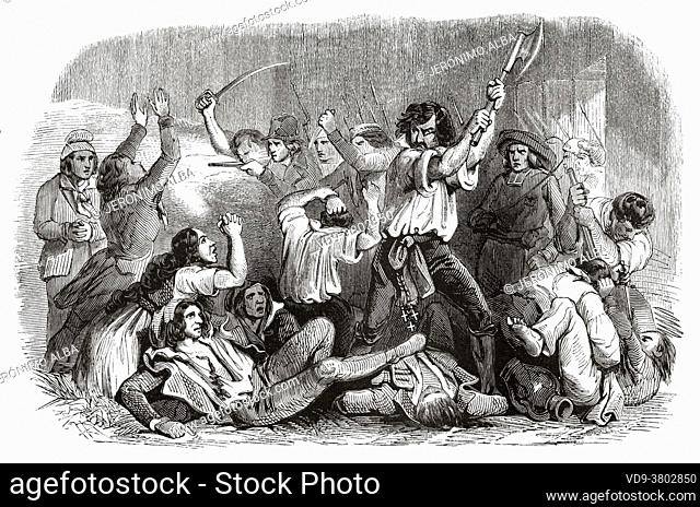 Massacre of Jacobin prisoners in the prisons of Lyon. April 24, 1795. France, French Revolution 18th century. Old engraved illustration from Histoire de la...