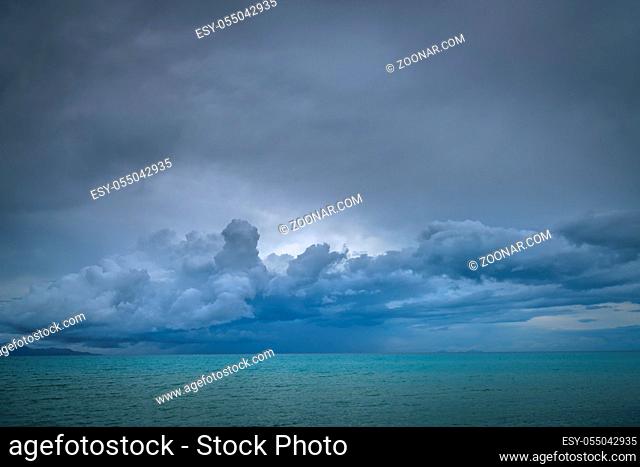 Turquoise sea waters as seen from Tsilivi Beach on a cloudy and stormy day in summer, Zante Island, Greece