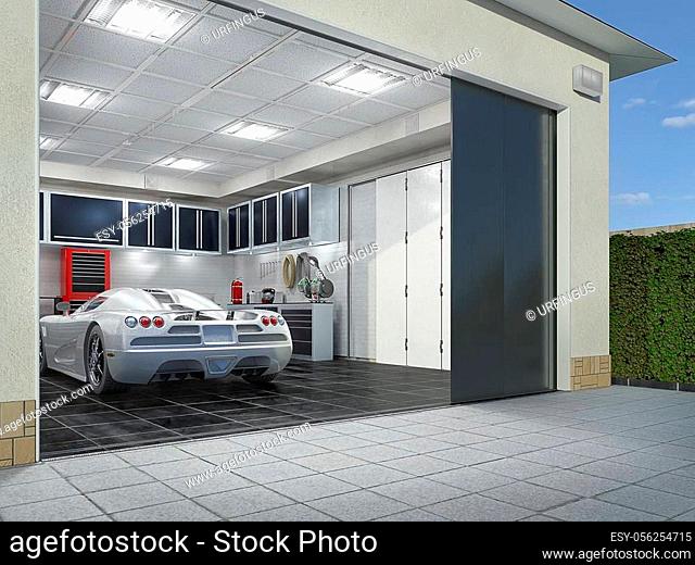 Garage exterior with sectional doors. 3d illustration