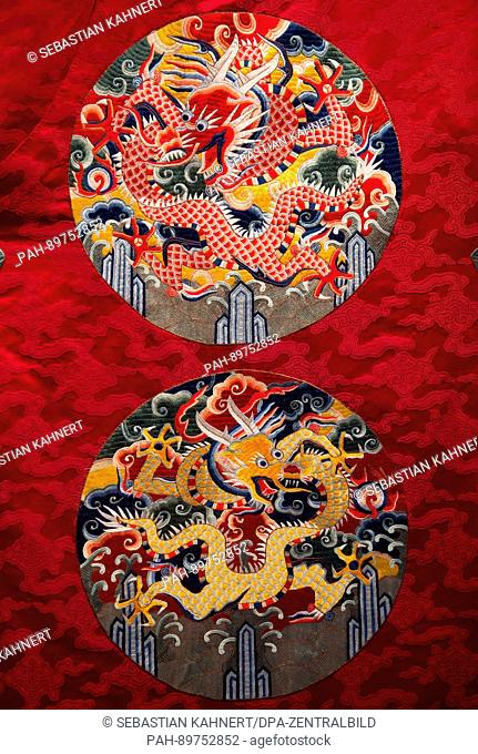 Close-up view of a replica of a festive garment of a Chinese emperor of the Ming dynasty, seen in the exhibition 'The City Wall of Nanjing - The Ming Emperors'...