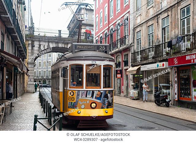 Lisbon, Portugal, Europe - A tram in the historical neighbourhood of the Portuguese capital