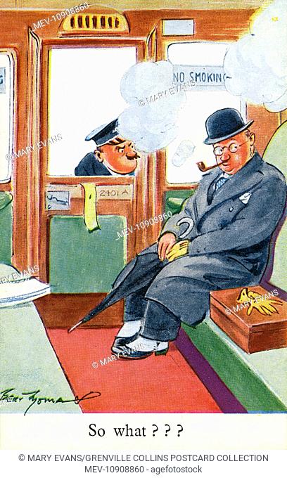 Gentleman puffing away at his pipe in a No Smoking Carriage - So what??