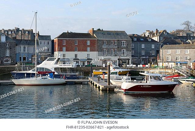 Boats in harbour of seaside town, Padstow, Cornwall, England, april