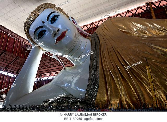 Reclining Buddha in Chauk Htat Gri Pagoda, one of the largest Buddha statues in Myanmar, 72 m long, Yangon, Myanmar