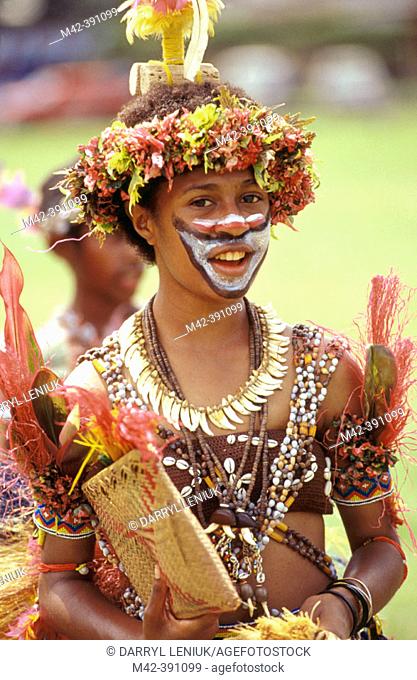 Girl, aged 13-15, in traditional dress. Goroka show. Papua New Guinea
