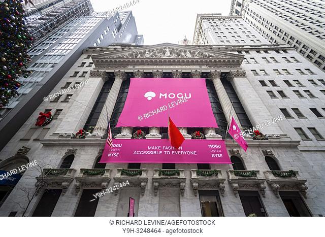 The New York Stock Exchange is decorated on Thursday, December 6, 2018 for the first day of trading for the Chinese fashion and cosmetics e-commerce site Mogu