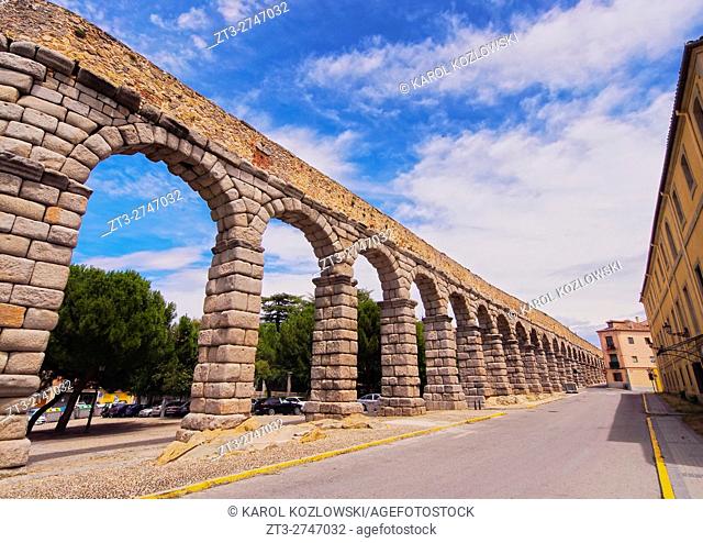 Spain, Castile and Leon, Segovia, Old Town, View of The Roman Aqueduct of Segovia.