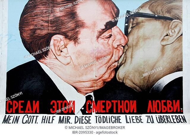 Fraternal kiss between Leonid Brezhnev and Erich Honecker, East Side Gallery, Berlin Wall art, Germany, Europe