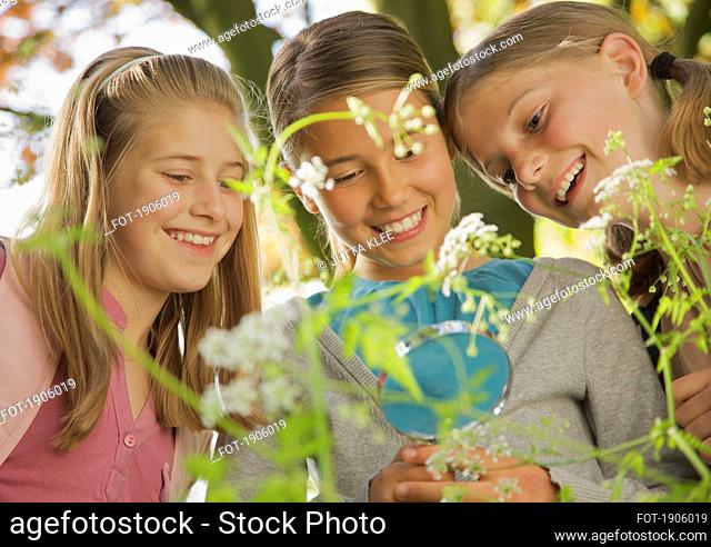 Smiling curious girls with magnifying glass examining flowers