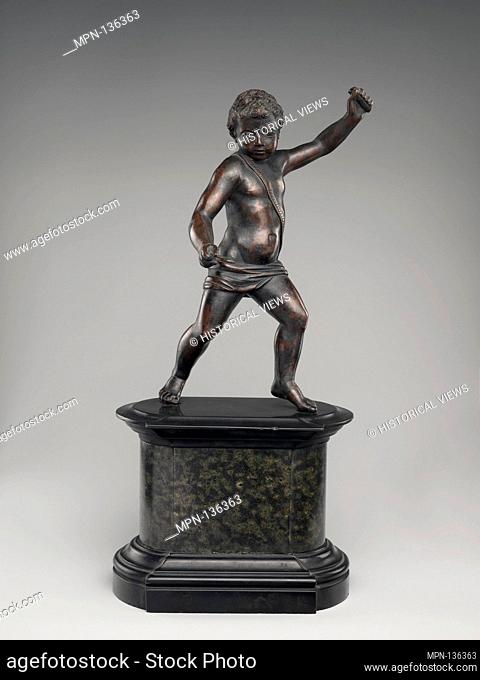Cupid. Date: possibly 16th century; Culture: Italian, possibly Venice; Medium: Bronze, on green marble base; Dimensions: Figure: 8 x 7 x 4 in. (20