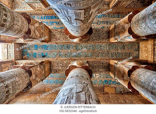 EGYPT, QENA, 07.11.2016, ceiling with colored stone carving and columns of Hathor temple in ptolemaic Dendera Temple complex, Qena, Egypt, Africa - Qena, Egypt