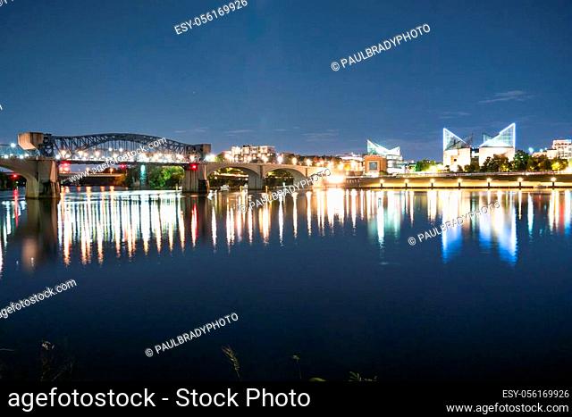 Chattanooga City Skyline along the Tennessee River at Night