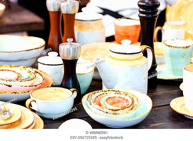 kitchen utensils plates pepperbox teapot earthware mug