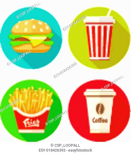 Set of flat icon with hamburger fries soda and coffee in paper cup