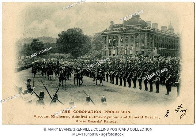 The Coronation Procession (for Edward VII) reaches Horse Guards Parade on 9th August, 1902. A procession of carriages carried British and overseas dignitaries...
