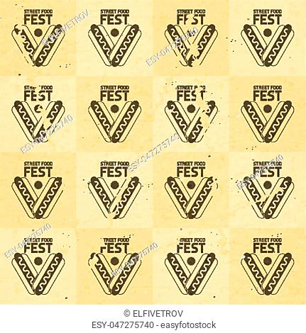 ?raft Recycled Paper Texture. Seamless Craft Packaging with Emblem Street Food Festival. Vector Illustration