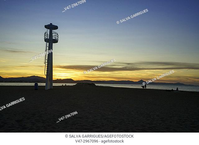 Sunset on the beach of Denia, Alicante, Valencia, Spain, Europe