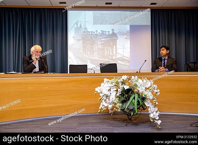West-Flanders province governor Carl Decaluwe and Underwater archeologist, diver Tomas Termote pictured during a press conference concerning an exceptional...