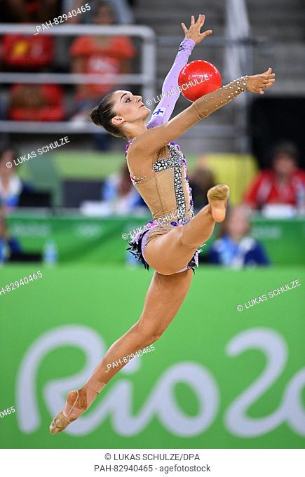 Ekaterina Volkova of Finland in action during her Ball performance at the Individual All-Around Qualification of the Rhythmic Gymnastics events of the Rio 2016...