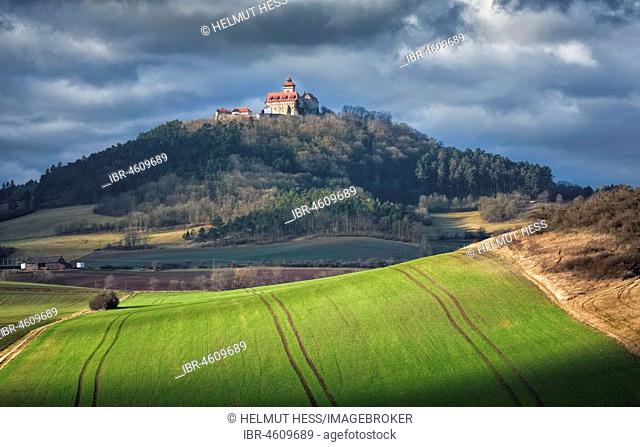 Autumnal fields with furrows at castle Wachsenburg, one of the Drei Gleichen, Thuringia, Germany