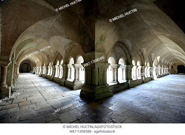the cloisters surrounding the courtyard of the monastery of the cistercian Abbey of Fontenay, Burgundy, France