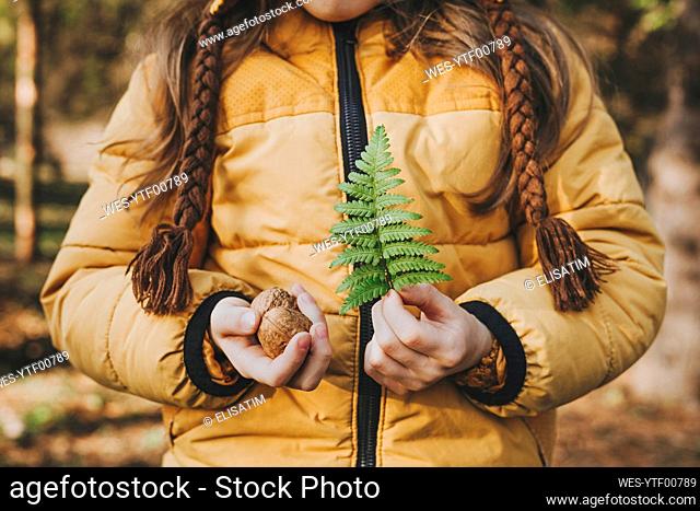 Girl holding nuts and fern in forest